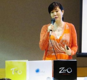 Kathryn Otoshi and her books Zero, One, and Two.