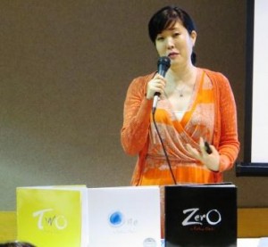 Kathryn Otoshi and her books Zero, One, and Two.